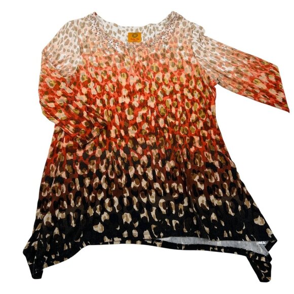 Ruby Rd. Women's Petite Small Leopard Print 3/4 Sleeve Tunic Top Rhinestone - Picture 1 of 4